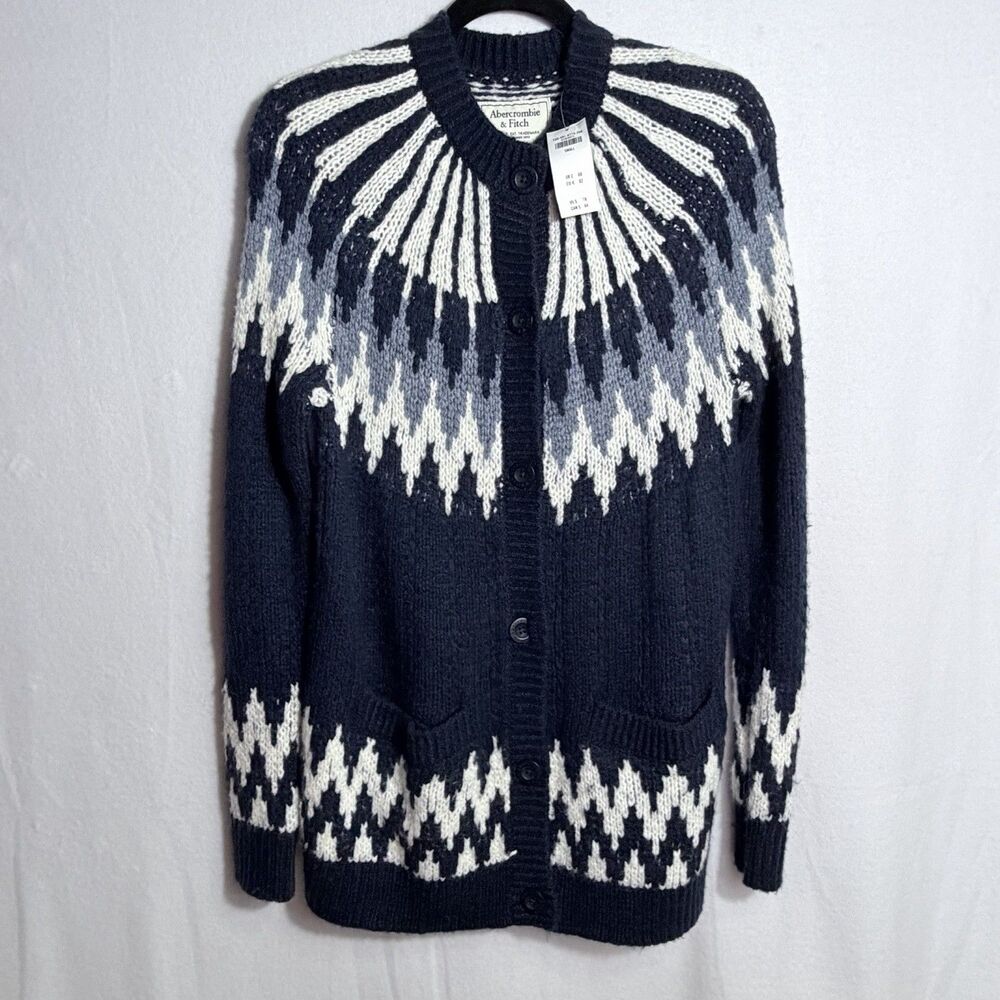 NEW Abercrombie & Fitch Blue Fair Isle Wool Nordic Sweater Cardigan Women's S
